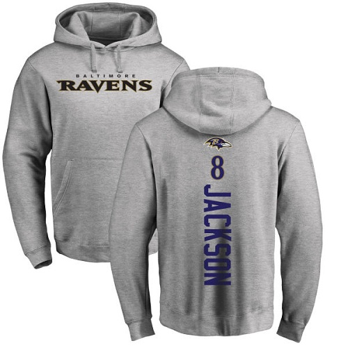 Men Baltimore Ravens Ash Lamar Jackson Backer NFL Football #8 Pullover Hoodie Sweatshirt